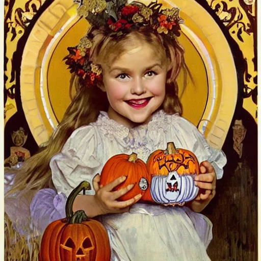 Prompt: a happy little girl with long straight golden blonde hair sitting amidst halloween decor, skulls and pumpkins. beautiful highly detailed face, beautiful painting by alphonse mucha and norman rockwell