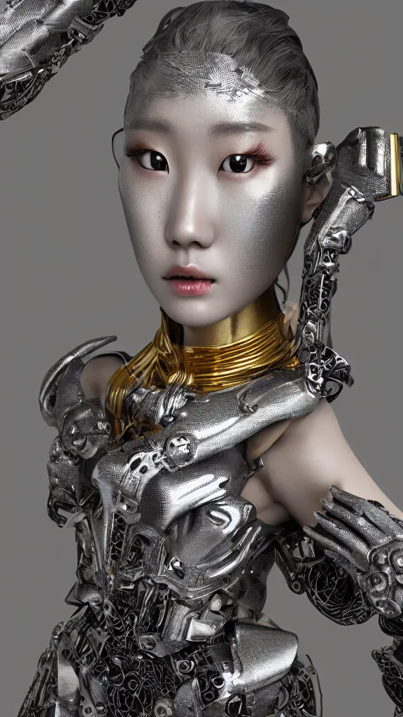 Prompt: korean female model face with silver mechanical exoskeleton body made of carbon fibre, ornate patterns and details, dynamic pose, mechanical part, glowing components, gold trimmings, bust, hyperdetailed, octane render, kpop