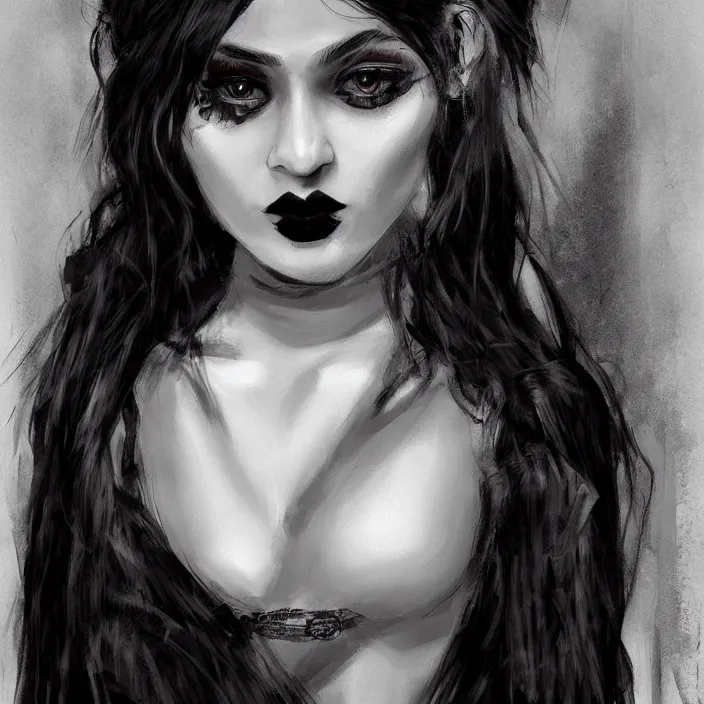 Prompt: gothic kylie jenner, portrait, hyperrealistic, emo, beautiful face, digital art, hd, concept art, by kara walker, by wlop