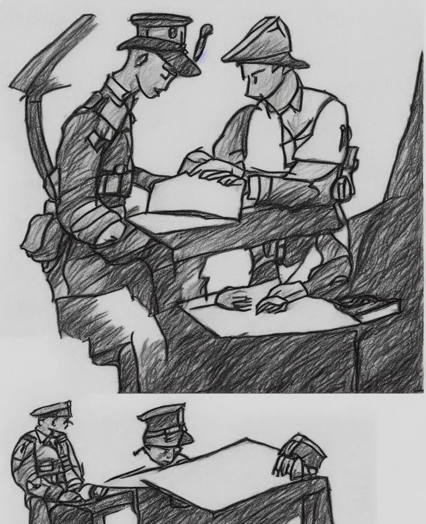 Image similar to cog video still frames of a drawing of a soldier writing a letter to home, in wwii, stop motion, minimal, black and white