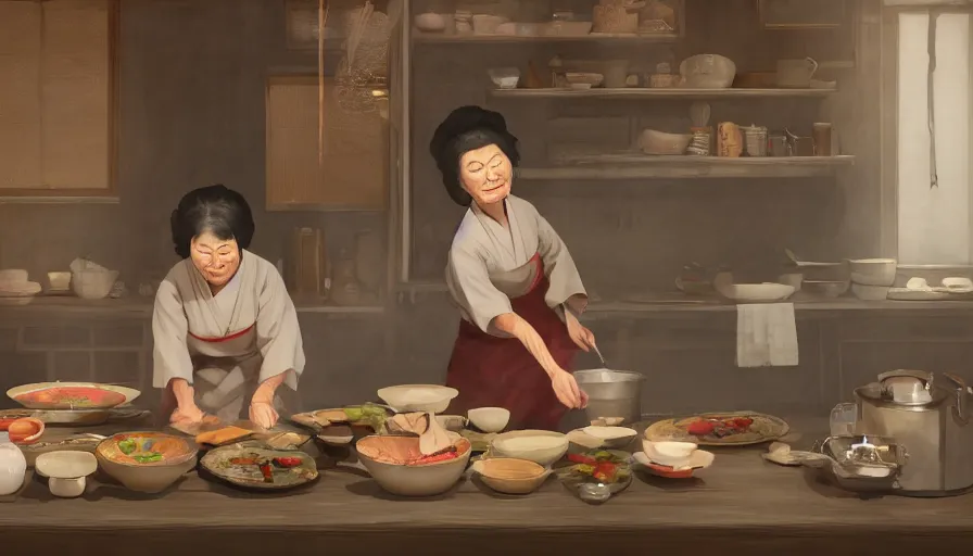 Image similar to old japanese lady cooking, old 1 8 0 0's kitchen, pan and plates, hyperdetailed, artstation, cgsociety, 8 k