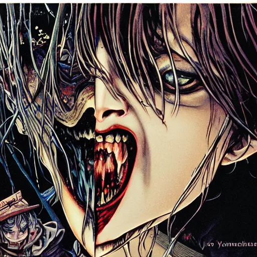 Prompt: closeup of melting kissing vampires, catelvania, by yoichi hatakenaka, masamune shirow, josan gonzales and dan mumford, ayami kojima, takato yamamoto, barclay shaw, karol bak