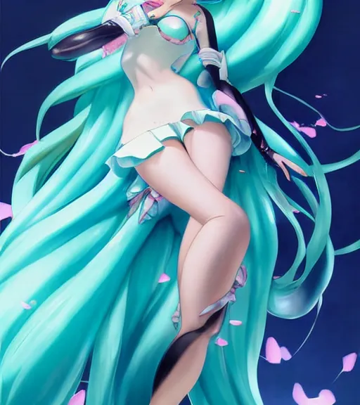 Image similar to anime art of beautiful Hatsune miku with beautifel legs by artgerm, rossdraws, magali villeneuve, Gil Elvgren, Alberto Vargas, Earl Moran,, Art Frahm, Enoch Bolles