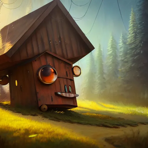 Image similar to a walking wood and metal house with two mechanical legs and two big eyes, rust, hyperrealistic, highly detailed, cinematic, single ray of sun, morning, pareidolia, gravity falls style, beautiful, cgssociety, artstation, 8 k, oil painting, digital art