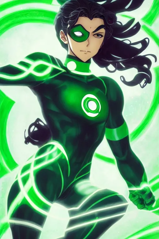 Image similar to anime key visual of a beautiful young female green lantern!! intricate, green and black suit, glowing, powers, dc comics, cinematic, stunning, highly detailed, digital painting, artstation, smooth, hard focus, illustration, art by artgerm and greg rutkowski and alphonse mucha