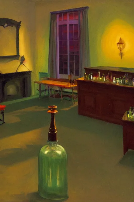 Image similar to a matte painting gothic counter parlor with bottles of potions and flickering candles colorful by edward hopper, tyler edlin