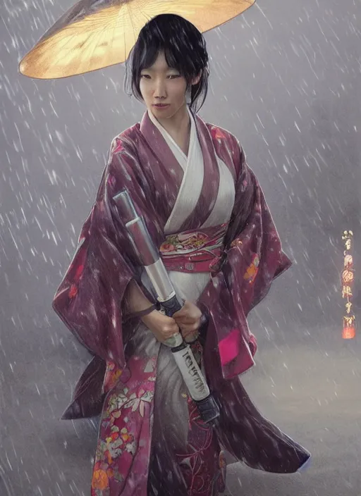 Image similar to a Photorealistic dramatic hyperrealistic render of an an Asian woman dressed in a kimono wielding two lightsabers, in the rain dramatic lighting, by WLOP,Artgerm,Greg Rutkowski,Alphonse Mucha, Beautiful dynamic dramatic dark moody lighting,shadows,cinematic atmosphere,Artstation,concept design art,Octane render,8K
