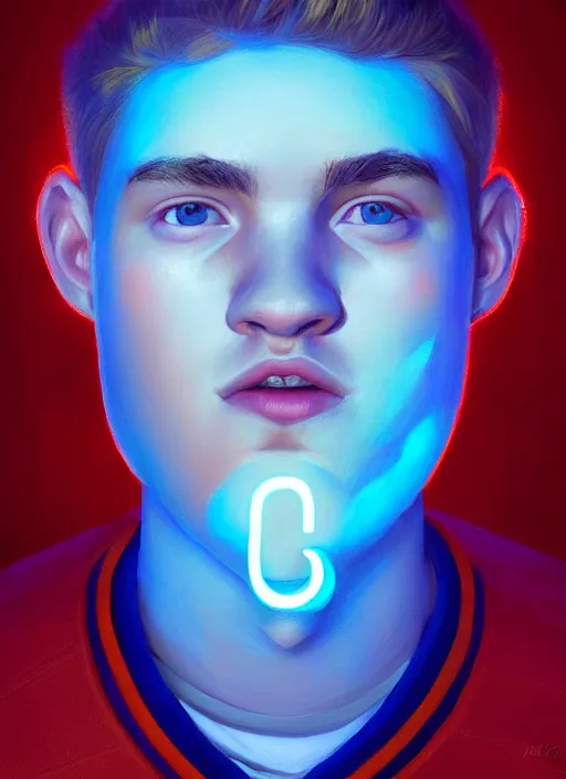 Image similar to portrait of high school senior boy named big moose, blonde short hair, jock, beefy, wide face, square jaw, square facial structure, blue varsity jacket with letter r, intricate, elegant, glowing lights, highly detailed, digital painting, artstation, concept art, sharp focus, illustration, art by wlop, mars ravelo and greg rutkowski