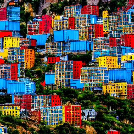 Prompt: City on a hillside, futuristic city on mountainside, red yellow and blue buildings, clouds on hill