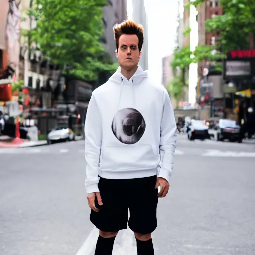 Image similar to Jimmy Neutron wearing a white sweatshirt and black shorts and white sneakers standing on the side of a street in new york city, 8k, professional,