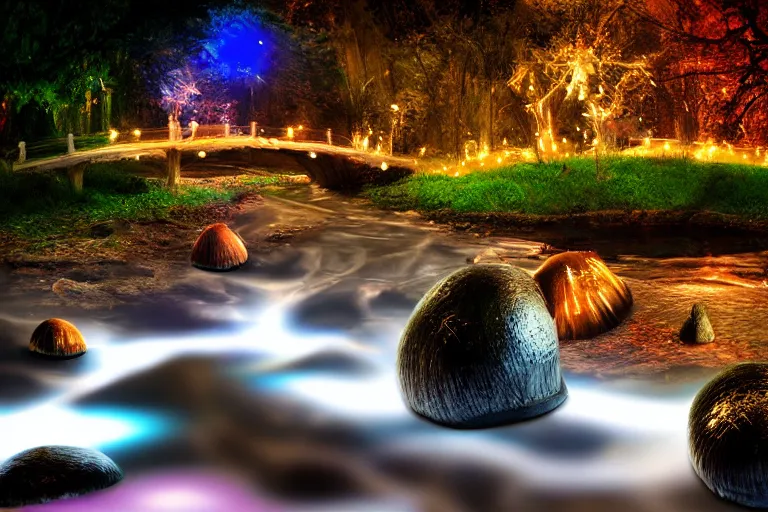 Prompt: giant mushrooms with lights next to a small bridge, flowing water, digital art, scenic,