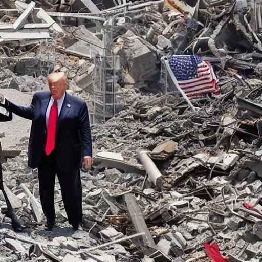 Image similar to a wide shot of Rudy Giuliani and Donald Trump holding hands on top of the world trade center rubble pile in new york