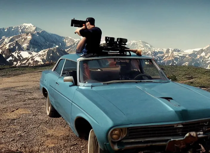 Image similar to a very high resolution image from a new movie, eminem shooting a car. mountains, directed by wes anderson