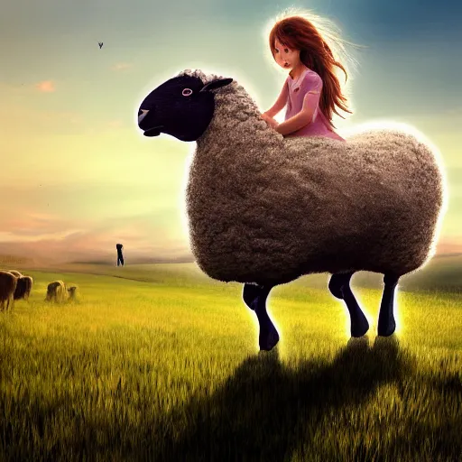 Image similar to girl riding a giant sheep in a field, trending on artstation