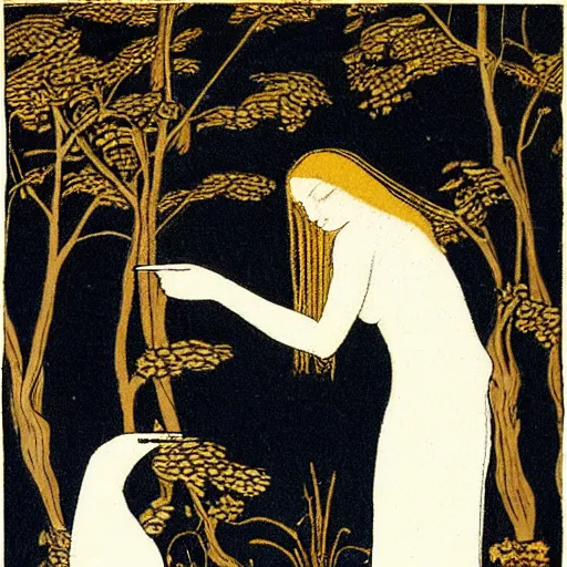 Prompt: Performance art. a woman is shown from behind, her body slightly blurred as if in motion. Her long hair cascades down her back, and she is holding a small bird in her hand. tonalism by Virginia Frances Sterrett earthy