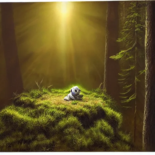 Image similar to high - angle view, shot from 5 0 feet distance, baby yoda on a well lit path in a dimly lit forest. dramatic clouds, setting sun, oil on canvas. light, shadow, depth, volume, chiaroscuro, drama, quiet intensity, realism, digital art