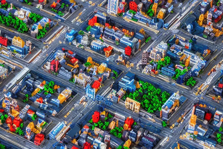 Prompt: Aerial view of a LEGO city, tilt-shift photography
