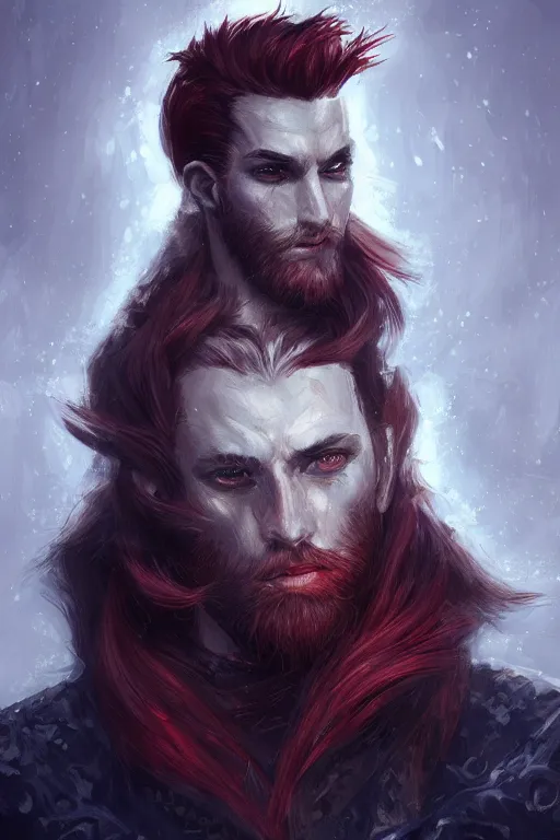 Prompt: A handsome man with a blood red hair, white eyes, fantasy, portrait, sharp focus, intricate, elegant, digital painting, artstation, matte, highly detailed, concept art, illustration, ambient lighting