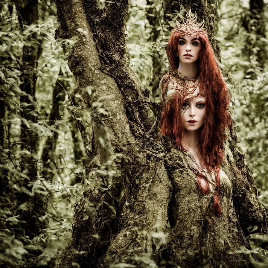 Prompt: A photo of a beautiful and dangerous Elven Queen in her forest; natural light; f/1.4; 90mm