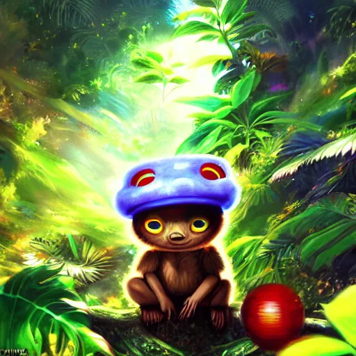 Image similar to disco diffusion painting of teemo in the jungle by makoto shinkai, masterpiece, contest award winner