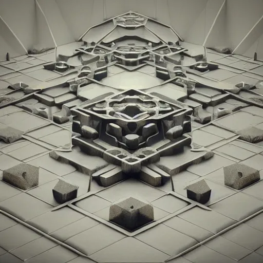 Prompt: 3 d artwork, dystopian future, intricate shapes, geometrical, symmetry, octane render