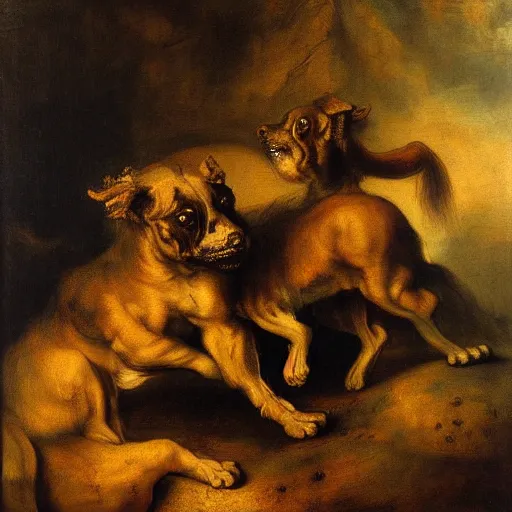 Prompt: oil painting of a cerberus by rembrandt van rijn dark background expressionism