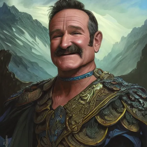 Image similar to robin williams as teferi, in the style of magic the gathering, glacier landscape, d & d, fantasy, intricate, elegant, highly detailed, digital painting, artstation, concept art, matte, sharp focus, illustration, art by artgerm and greg rutkowski and alphonse mucha