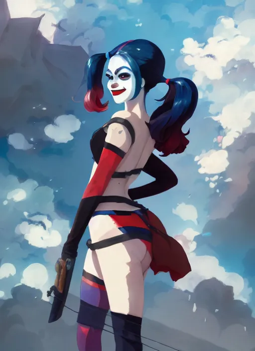 Image similar to portrait of harley quinn, cloudy sky background lush landscape illustration concept art anime key visual trending pixiv fanbox by wlop and greg rutkowski and makoto shinkai and studio ghibli