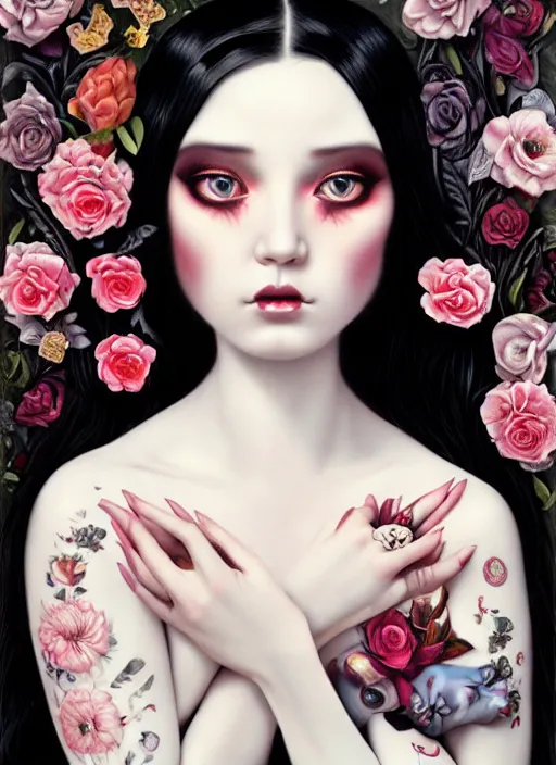 Prompt: pop surrealism, lowbrow art, realistic seductive cute woman painting, long black hair, japanese shibari with flowers, hyper realism, muted colours, rococo, natalie shau, loreta lux, tom bagshaw, mark ryden, trevor brown style,