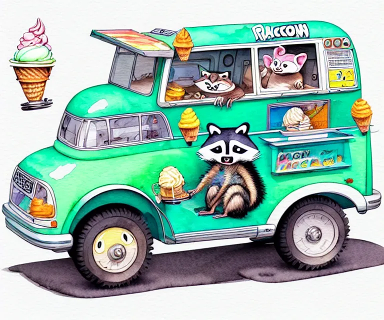 Prompt: cute and funny, racoon riding in a tiny ice cream truck with an oversized engine, ratfink style by ed roth, centered award winning watercolor pen illustration, isometric illustration by chihiro iwasaki, edited by range murata, tiny details by artgerm and watercolor girl, symmetrically isometrically centered, sharply focused