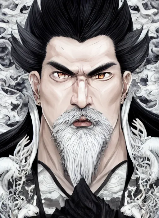 Prompt: a highly detailed illustration of fierce white haired asian man with short white hair parted down middle, wearing white kimono with black shirt, with dragon tatto, with black sclera eyes, heroically battle posing, muscular, intricate, elegant, highly detailed, centered, digital painting, artstation, concept art, smooth, sharp focus, league of legends concept art, WLOP