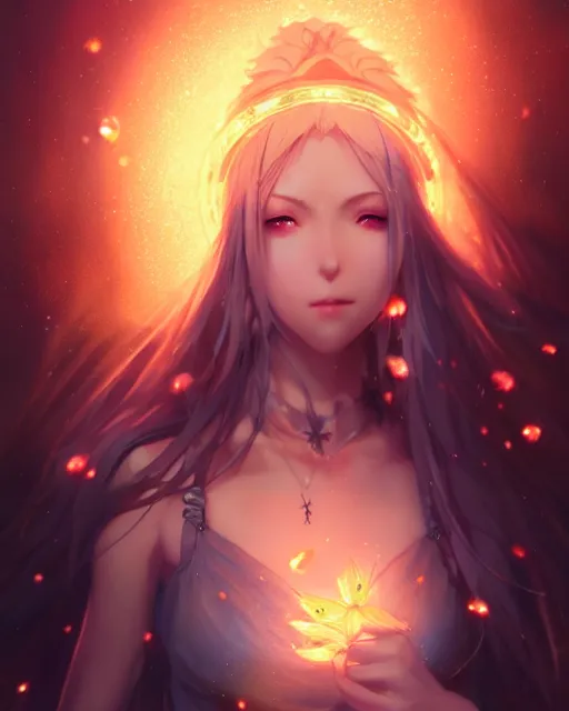 Image similar to a goddess of the night surrounded by fireflies, final fantasy, cushart krenz, very detailed, realistic face, detailed face, matte, tonemapping, perfection, 4 k,