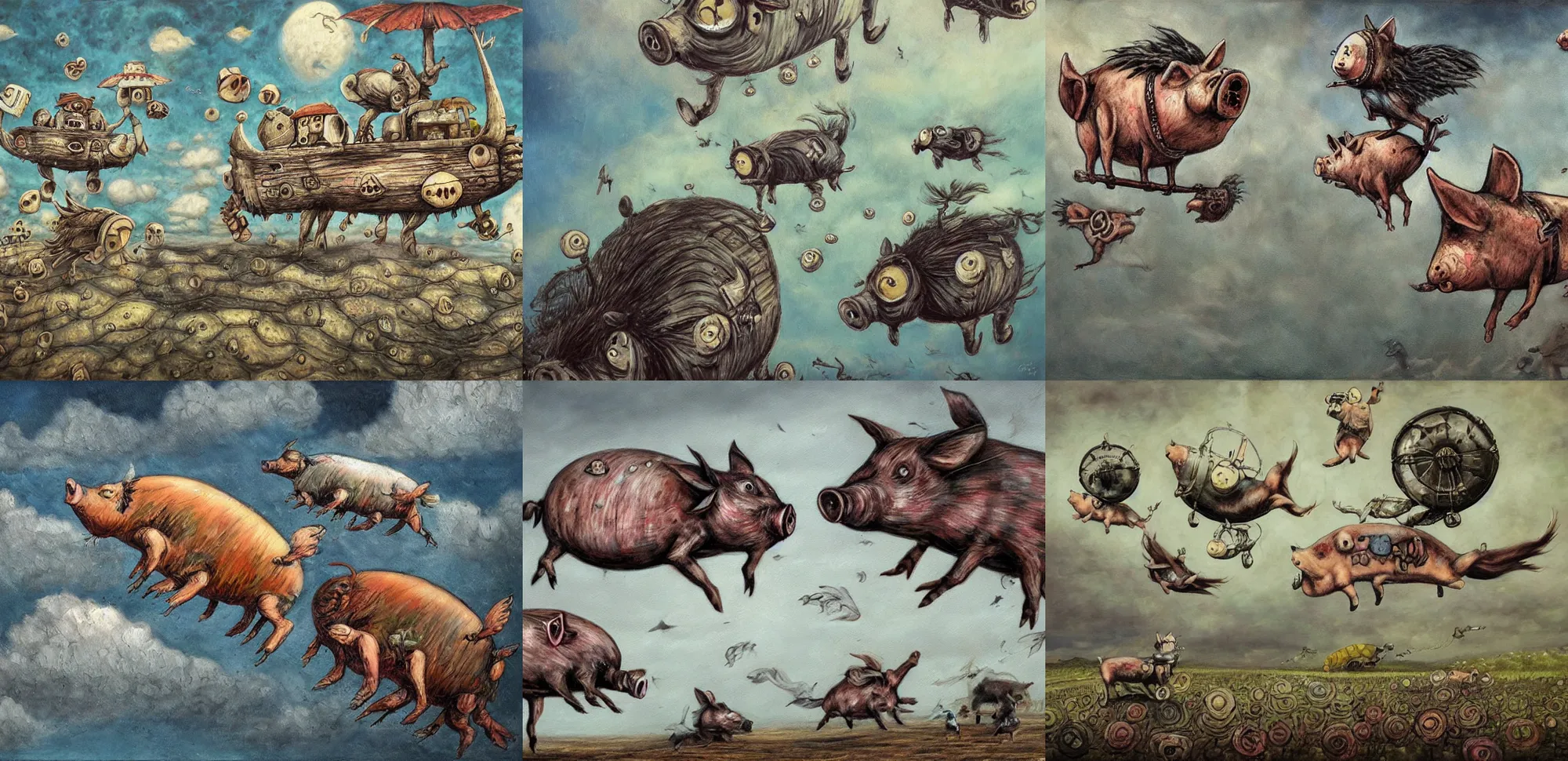 Prompt: detailed oil painting of flying pigs by marc simonette and alexander jansson, junji ito, concept art