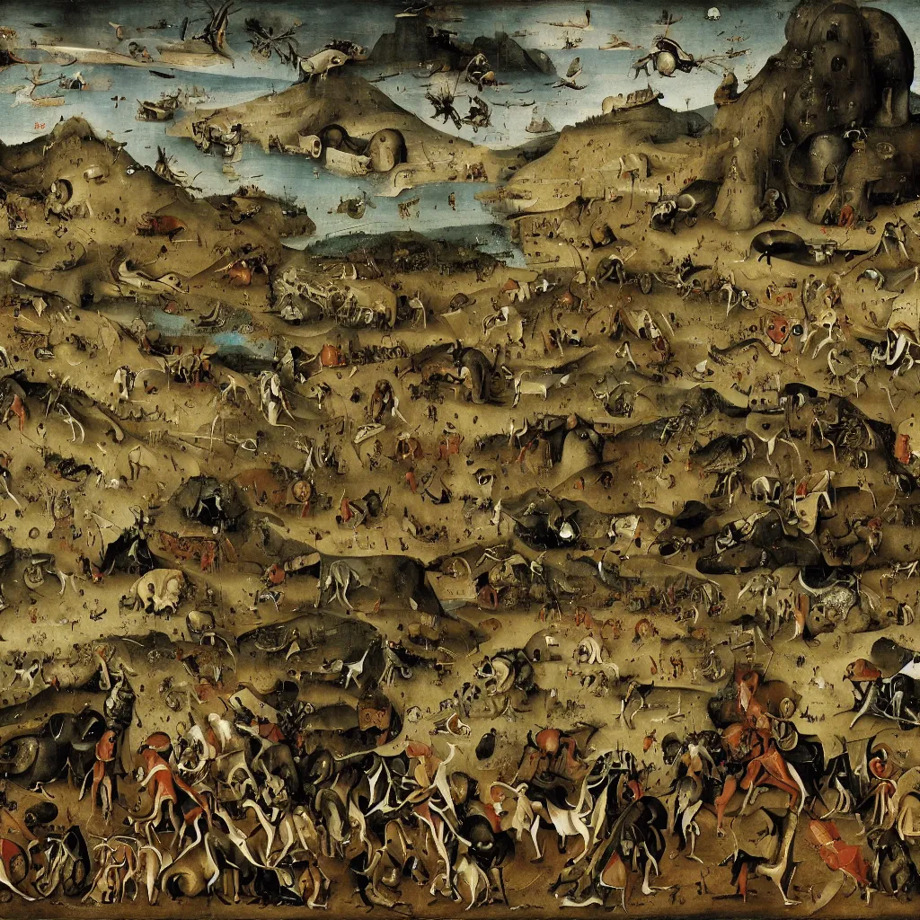 Prompt: xv century painting, boston dynamics robots fighting with giant insects, epic battlescene, with active volcano in the background, 4 k, detailed, art by hieronymus bosch