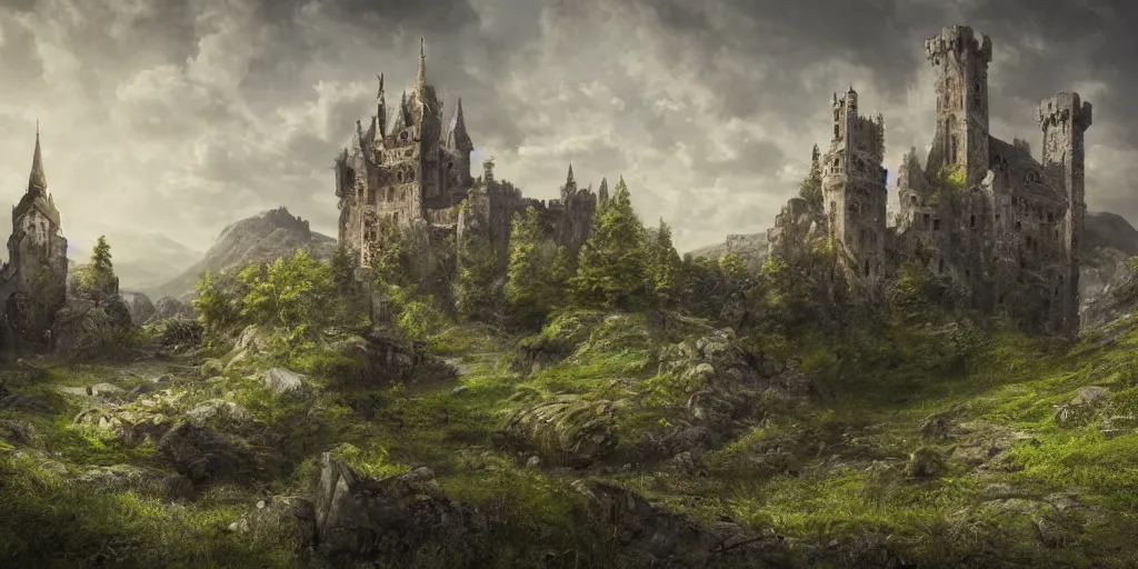 Image similar to matte painting, castle, dramatic landscape, overgrown