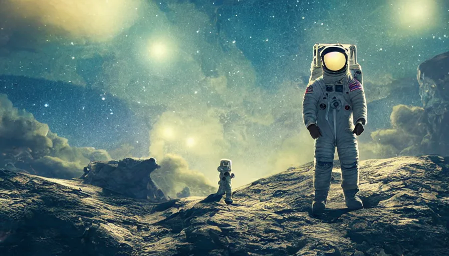 Prompt: american astronaut standing on a top of a mountain, mid shot,, starry night, moonlit, cinematic lighting, atmospheric, realistic, octane render, highly detailed, color graded, in the style of craig mullins