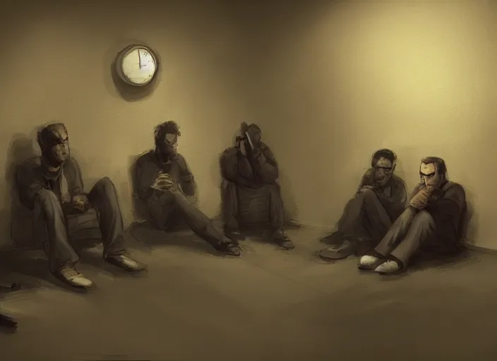 Image similar to several depressed men sit in a dark, artstation, dark, m basement, monitor, depressing