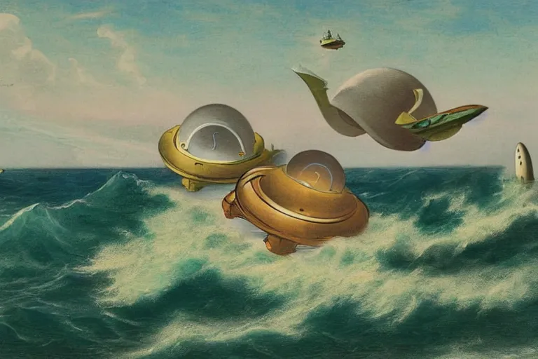 Image similar to two flying saucers battling over the ocean. art by george philip reinagle.