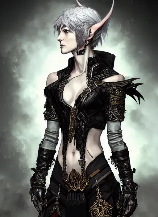 Prompt: Half body portrait of young elven woman with short silver hair wearing ornate leather tunic, pirate attire. In style of Yoji Shinkawa and Hyung-tae Kim, trending on ArtStation, dark fantasy, great composition, concept art, highly detailed, dynamic pose.