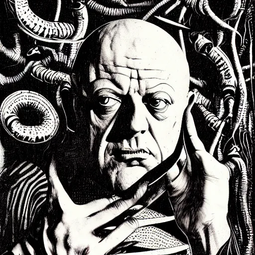 Prompt: graphic illustration, creative design, aleister crowley, biopunk, francis bacon, highly detailed, hunter s thompson, occult, magical, concept art