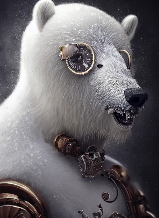 Prompt: white furry polar bear, steampunk googles, highly detailed, unreal engine 5, cinematic, 8 k, by megan duncanson, benjamin lacombe, adrian borda, stanley artgermm, tom bagshaw, craig mullins, carne griffiths, ayami kojima, beksinski, giger, trending on deviantart, hyper detailed, horror, full of colour