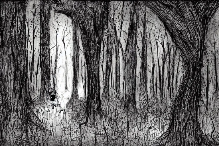 Image similar to mad girl wandering the woods artwork by ben templesmith