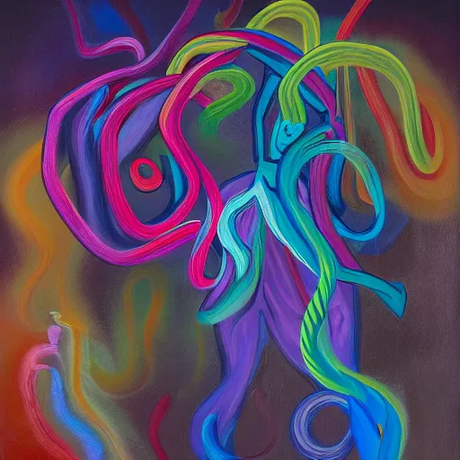 Prompt: a colorful painting of tendrils of fog swirling around a man in a dark place