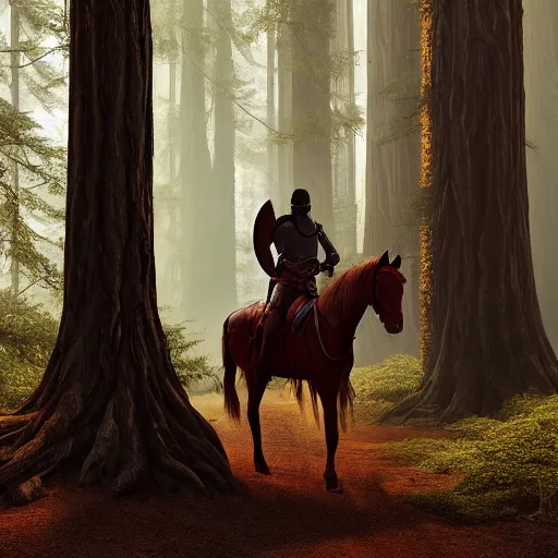 Prompt: knight on horseback in a redwood forest, sunlit, octane render, matte, greg rutkowski, highly detailed, hdr