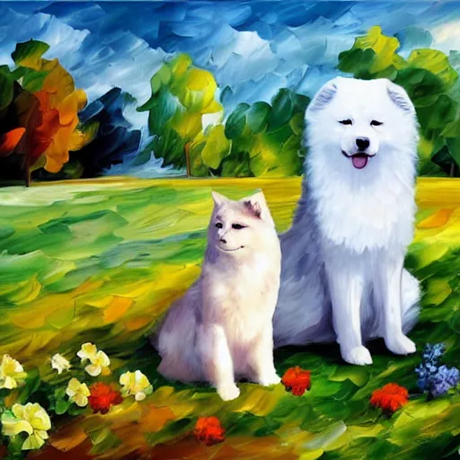 Image similar to a samoyed dog sitting next to a grey scottish fold cat in the middle of sunny meadow, by leonid afremov