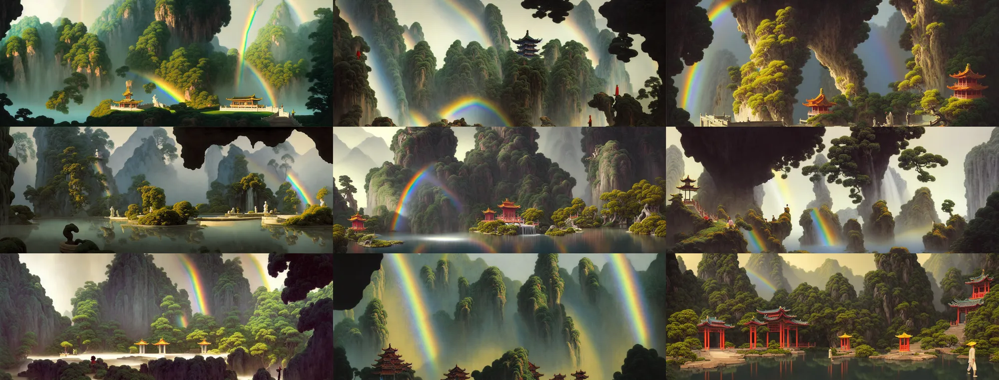 Image similar to a gorgeous landscape painting by barlowe wayne, maxfield parrish and marco mazzoni. chinese temple. just one rainbow, rainy mood!! sunny morning. a lonely chinese wuxia walks on the winding stone steps, stone gate to the dark cave, 3 d, octane render, turbulent lake, waterfall, fog, 8 k.