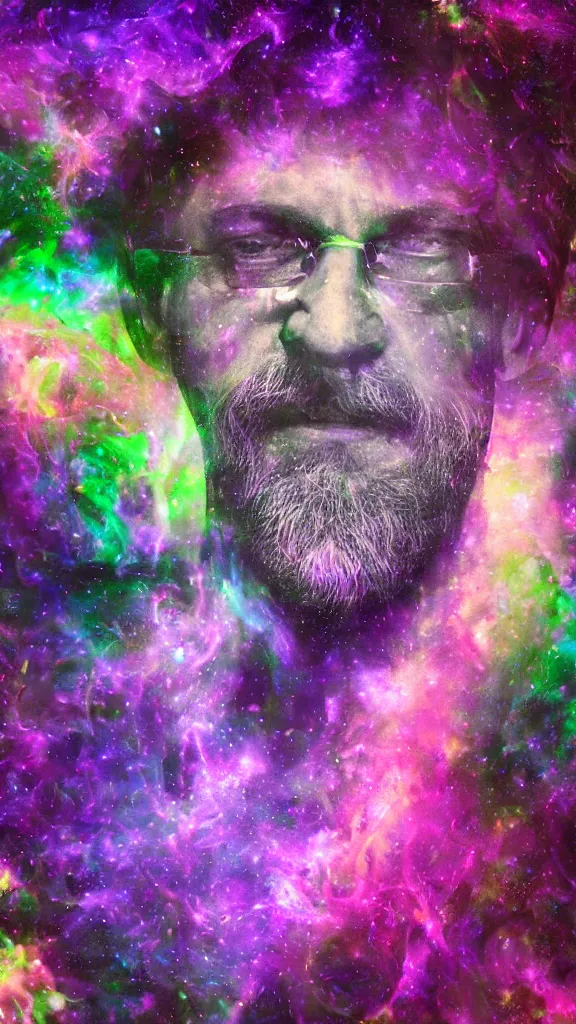 Image similar to terrance mckenna protrait in a nebula with fractals and mushrooms, vivid psychadelic colorful purple, 8 k, high deatil, artstationhd, smoke mirrors