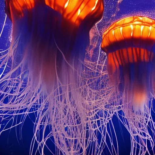 Prompt: at night, very close detailed closeup of big blue jellyfish glowing in the night,