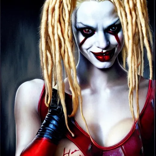 Image similar to portrait of flawless beautiful harley quinn with blonde and red dreadlocks, dark, piercing eyes, exotic expression, esoteric clothing, photorealistic, highly detailed, mysterious lighting, artstation, smooth, sharp focus, art by michael whelan, artgerm, greg rutkowski and luis royo