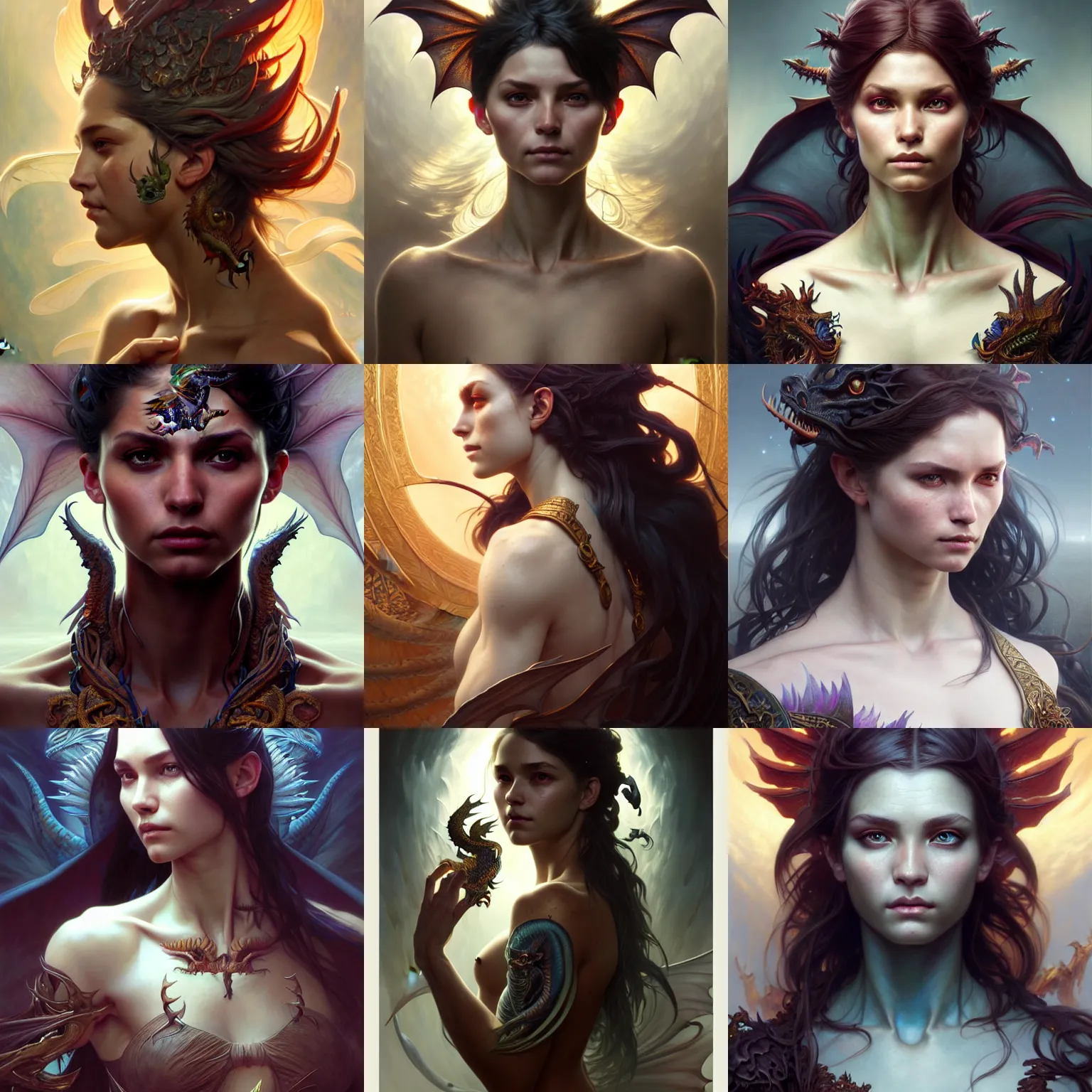 Image similar to portrait painting of a human fusion with a dragon, ultra realistic, concept art, intricate details, eerie, highly detailed, photorealistic, octane render, 8 k, unreal engine. art by artgerm and greg rutkowski and charlie bowater and magali villeneuve and alphonse mucha